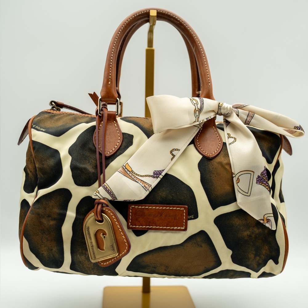 VTG Dooney & Burke Nylon Giraffe Print Satchel Bag with Red Interior.